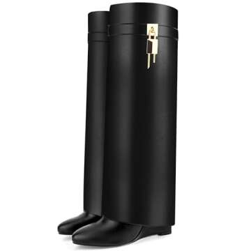 CDHYX Fold Over Boots for Women Pointy Pull-on Wedge Heel Knee Shark Boot With Side Zipper Padlock Design (Black 8.5)