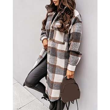 Esmeling Womens Plaid Shacket Brushed Flannel Shirt Jacket Mid Long Wool Blend Tartan Coat