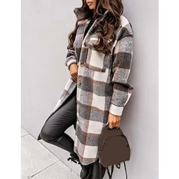 Esmeling Womens Plaid Shacket Brushed Flannel Shirt Jacket Mid Long Wool Blend Tartan Coat