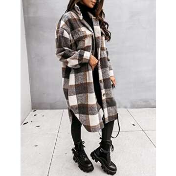 Esmeling Womens Plaid Shacket Brushed Flannel Shirt Jacket Mid Long Wool Blend Tartan Coat