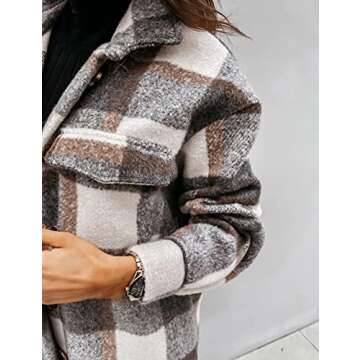 Esmeling Womens Plaid Shacket Brushed Flannel Shirt Jacket Mid Long Wool Blend Tartan Coat