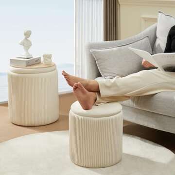 Chilihom Round Ottoman with Storage Set of 2 Upholstered Velvet Vanity Stool for Makeup Lines Support 300lbs Ottomans Multifunctional Foot Rest Coffee Table Padded Seat for Living Room&Bedroom-Beige