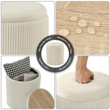 Chilihom Round Ottoman with Storage Set of 2 Upholstered Velvet Vanity Stool for Makeup Lines Support 300lbs Ottomans Multifunctional Foot Rest Coffee Table Padded Seat for Living Room&Bedroom-Beige