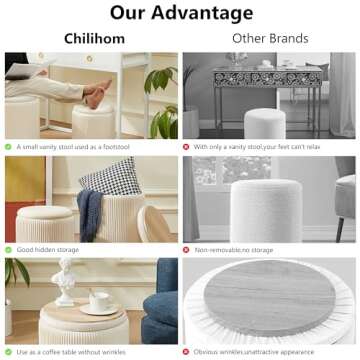 Chilihom Round Ottoman with Storage Set of 2 Upholstered Velvet Vanity Stool for Makeup Lines Support 300lbs Ottomans Multifunctional Foot Rest Coffee Table Padded Seat for Living Room&Bedroom-Beige