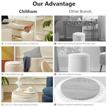 Chilihom Round Ottoman with Storage Set of 2 Upholstered Velvet Vanity Stool for Makeup Lines Support 300lbs Ottomans Multifunctional Foot Rest Coffee Table Padded Seat for Living Room&Bedroom-Beige