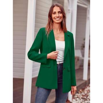 MASCOMODA Casual Blazer Jackets for Women 2024 Fall Long Sleeve Open Front Button Work Office Suit Jacket with Pockets(Green,Medium)