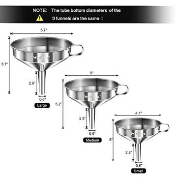 Stainless Steel Funnel, Walfos 3 Pack Kitchen Funnel with 2 Removable Strainer ＆ 1Pcs Cleaning Brush, Perfect for Transferring of Liquid, Oils, Jam, Dry Ingredients & Powder