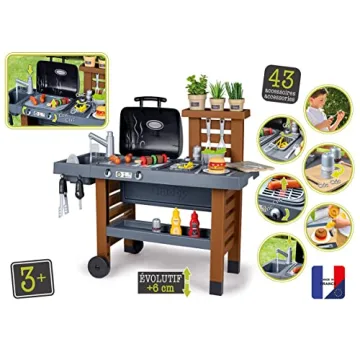 Smoby Garden Kitchen - Outdoor 43 Accessory Play Set, Kids Ages 3+, Grill w/Retractable Magic Flames, Fryer & Sink w/Water Pump Function, Pretend Play