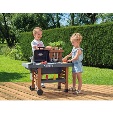 Smoby Garden Kitchen - Outdoor 43 Accessory Play Set, Kids Ages 3+, Grill w/Retractable Magic Flames, Fryer & Sink w/Water Pump Function, Pretend Play