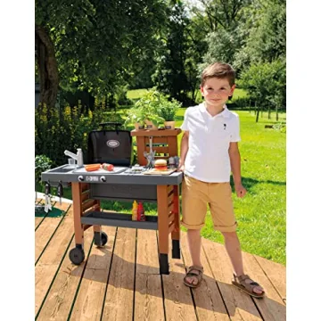 Smoby Garden Kitchen - Outdoor 43 Accessory Play Set, Kids Ages 3+, Grill w/Retractable Magic Flames, Fryer & Sink w/Water Pump Function, Pretend Play
