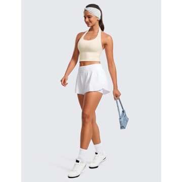 CRZ YOGA Womens Butterluxe Halter Longline Sports Bra - Padded Workout Yoga Crop Tops Tanks with Built in Pads White Apricot Small