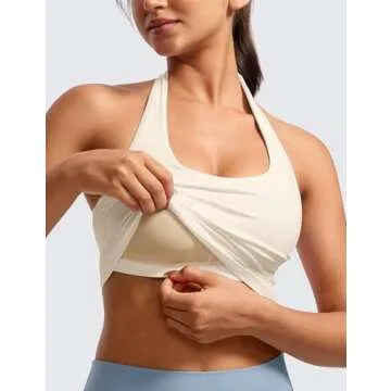 CRZ YOGA Womens Butterluxe Halter Longline Sports Bra - Padded Workout Yoga Crop Tops Tanks with Built in Pads White Apricot Small