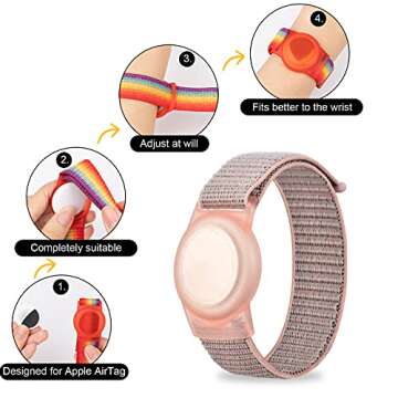 AirTag Bracelet for Kids, Apple Air Tag Protective Cover with Nylon Wristband, Anti Lost GPS Trackers Case Cover Elastic Watch Band for Toddlers Girls Boys Elders (Pink)