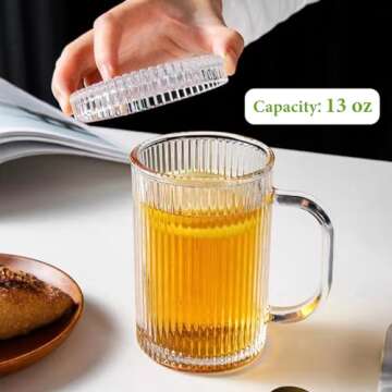Qipecedm Clear Glass Coffee Mug with Lid, 13 oz Classic Vertical Stripes Coffee Cups, Premium Glass ...