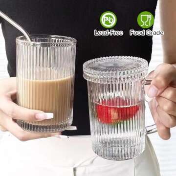 Qipecedm Clear Glass Coffee Mug with Lid, 13 oz Classic Vertical Stripes Coffee Cups, Premium Glass Tea Mug for Hot/Cold Beverages, Ribbed Drinking Glassware Set for Latte, Cappuccino, Tea and Juice