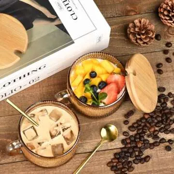 TIMIFTE Vintage Coffee Mugs Set of 4 Embossed Tea Cups, Overnight Oats Containers with Bamboo Lids a...