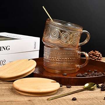 TIMIFTE Vintage Coffee Mugs Set of 4 Embossed Tea Cups, Overnight Oats Containers with Bamboo Lids and Spoons, 14oz Glass Coffee Cups for Cappuccino, Latte, Cereal, Yogurt, Beverage, Amber