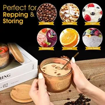 TIMIFTE Vintage Coffee Mugs Set of 4 Embossed Tea Cups, Overnight Oats Containers with Bamboo Lids and Spoons, 14oz Glass Coffee Cups for Cappuccino, Latte, Cereal, Yogurt, Beverage, Amber
