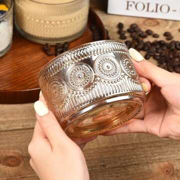 TIMIFTE Vintage Coffee Mugs Set of 4 Embossed Tea Cups, Overnight Oats Containers with Bamboo Lids and Spoons, 14oz Glass Coffee Cups for Cappuccino, Latte, Cereal, Yogurt, Beverage, Amber