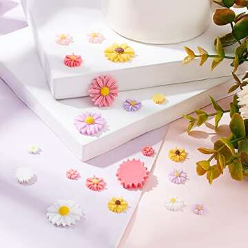 PH PandaHall 75pcs Flower Daisy Cabochons 5 Colors Resin Flower Charms Slime Charms Flatback Cabochons Embellishment Hair Costume Accessories for Fall Glasses Shoe Phone Case Scrapbooking Decoration
