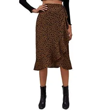 SheIn Women's Floral Flowy Midi Skirts Wrap Ruffle High Waisted Slit Beach Skirt Brown Dots Small