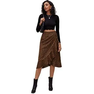 SheIn Women's Floral Flowy Midi Skirts Wrap Ruffle High Waisted Slit Beach Skirt Brown Dots Small
