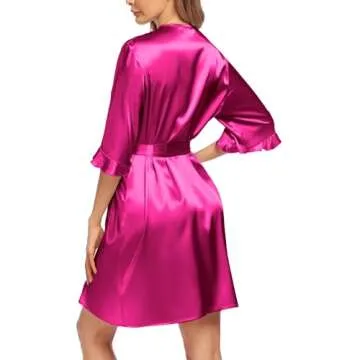 Ekouaer Women's Satin Robe Valentines Lingerie for Women Kimono Bathrobe 3/4 Sleeve Ruffle Belted Robes Bridesmaids