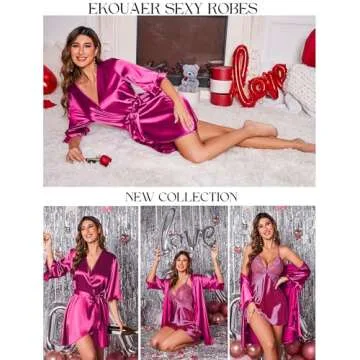 Ekouaer Women's Satin Robe Valentines Lingerie for Women Kimono Bathrobe 3/4 Sleeve Ruffle Belted Robes Bridesmaids