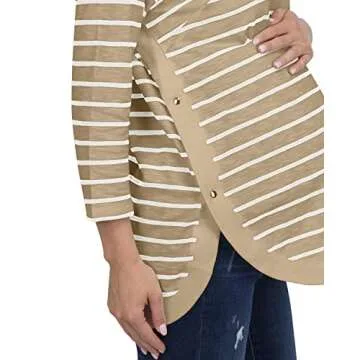 Striped Side-Button Maternity & Nursing Long Sleeve Top - Lightweight Maternity Tops for Work - Shirt & Blouse Office Wear Sand White