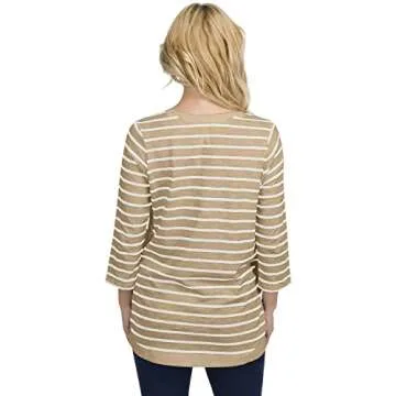 Striped Side-Button Maternity & Nursing Long Sleeve Top - Lightweight Maternity Tops for Work - Shirt & Blouse Office Wear Sand White