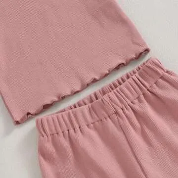 Kupretty 2Pcs Toddlers Baby Girls Summer Clothes Set Ruffle Ribbed Short Sleeves T-Shirt Tops Shorts Comfy Outfits (Pink, 18-24 Months)