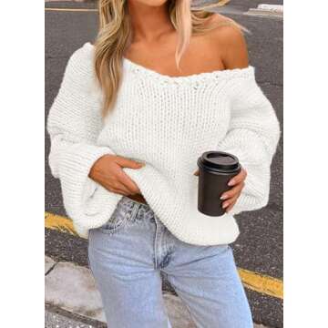 PRETTYGARDEN Womens Fall Sweaters Chunky Loose Long Sleeve V Neck Oversized Dressy Casual Knit Pullover Tops (White,Small)