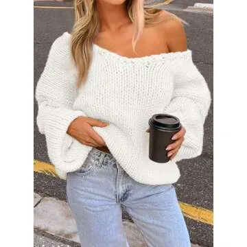 PRETTYGARDEN Womens Fall Sweaters Chunky Loose Long Sleeve V Neck Oversized Dressy Casual Knit Pullover Tops (White,Small)