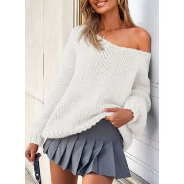 PRETTYGARDEN Womens Fall Sweaters Chunky Loose Long Sleeve V Neck Oversized Dressy Casual Knit Pullover Tops (White,Small)