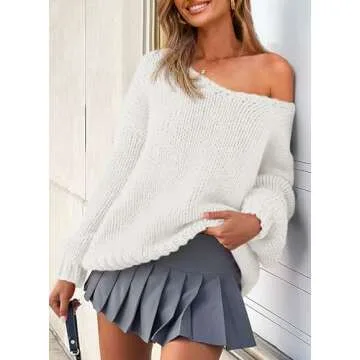 PRETTYGARDEN Womens Fall Sweaters Chunky Loose Long Sleeve V Neck Oversized Dressy Casual Knit Pullover Tops (White,Small)