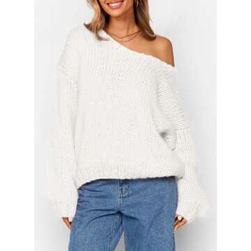 PRETTYGARDEN Womens Fall Sweaters Chunky Loose Long Sleeve V Neck Oversized Dressy Casual Knit Pullover Tops (White,Small)