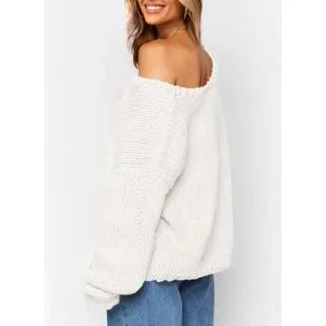 PRETTYGARDEN Womens Fall Sweaters Chunky Loose Long Sleeve V Neck Oversized Dressy Casual Knit Pullover Tops (White,Small)