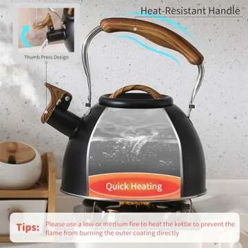 LONFFERY Tea Kettle for Stove Top, 3.2 Quart Whistling Tea Kettle, Food Grade Stainless Steel and Wood Pattern Folding Handle, Black