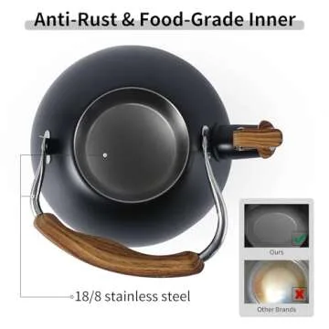 LONFFERY Tea Kettle for Stove Top, 3.2 Quart Whistling Tea Kettle, Food Grade Stainless Steel and Wood Pattern Folding Handle, Black
