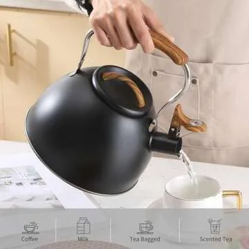 LONFFERY Tea Kettle for Stove Top, 3.2 Quart Whistling Tea Kettle, Food Grade Stainless Steel and Wood Pattern Folding Handle, Black
