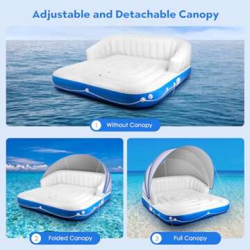 Floating Island with Canopy, Heavy Duty Inflatable Water Lounger Raft with 2 Cup Holders for Adults Lake Pool