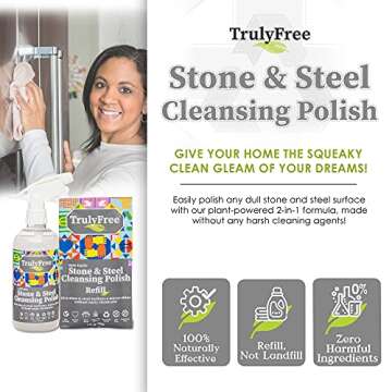 Truly Free Stone & Steel Cleansing Polish Starter Kit - Quartz, Marble, Granite, Stone Countertop, Oven, Stainless Steel Cleaner - 16oz Spray Bottle, 2 Refills (4oz) No Harmful Ingredients