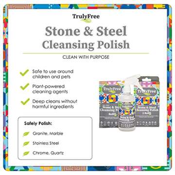 Truly Free Stone & Steel Cleansing Polish Starter Kit - Quartz, Marble, Granite, Stone Countertop, Oven, Stainless Steel Cleaner - 16oz Spray Bottle, 2 Refills (4oz) No Harmful Ingredients
