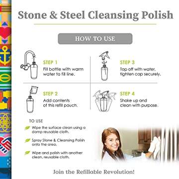 Truly Free Stone & Steel Cleansing Polish Starter Kit - Quartz, Marble, Granite, Stone Countertop, Oven, Stainless Steel Cleaner - 16oz Spray Bottle, 2 Refills (4oz) No Harmful Ingredients