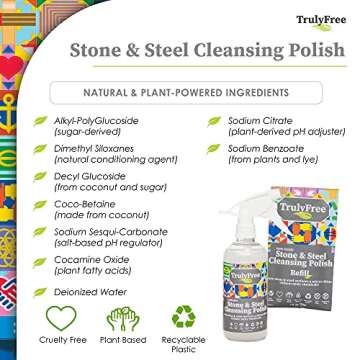 Truly Free Stone & Steel Cleansing Polish Starter Kit - Quartz, Marble, Granite, Stone Countertop, Oven, Stainless Steel Cleaner - 16oz Spray Bottle, 2 Refills (4oz) No Harmful Ingredients