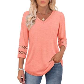Trendy Lace Sleeve V Neck T-Shirt for Women – Elegant Spring Tops