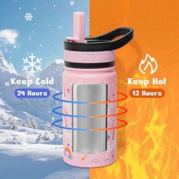 BUZIO 14oz Kids Water Bottle with Straw Lid, Insulated Toddler Water Bottle for School Stainless Ste...