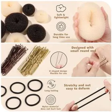 FANDAMEI Hair Bun Maker Set, Donut Bun Maker Set With 4pcs Dark Brown &4pcs Beige(2 extra-large,2 large,2 medium and 2 small), 5 pieces Hair Elastic Bands, 40 pieces Hair Bobby Pins (Brown and Gold)
