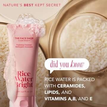 The Face Shop Rice Water Bright Foaming Facial Cleanser with Ceramide, Gentle Face Wash for Hydratin...
