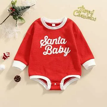 Twopumpkin Baby Girl Boy Christmas Sweater Santa Baby Onesie Outfit Infant Sweatshirt Romper Long Sleeve Oversized Clothes (AZ Waffle Knitted Santa Baby Red, 0-3 Months)